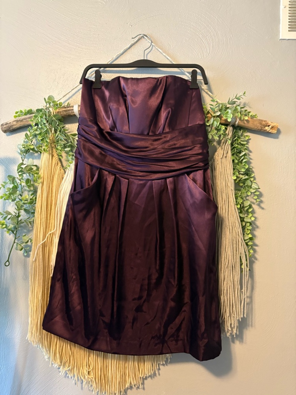 David's Bridal Strapless Satin Cocktail Dress in Plum